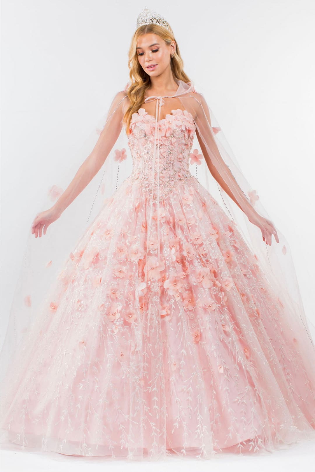 3D Floral Cape Ball Gown by Elizabeth K GL1939 - XS / Blush - Quinceanera Dresses