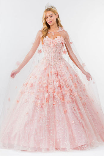 3D Floral Cape Ball Gown by Elizabeth K GL1939 - XS / Blush - Quinceanera Dresses