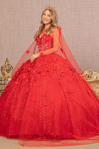 3D Floral Cape Ball Gown by Elizabeth K GL1939 - XS / Red - Quinceanera Dresses