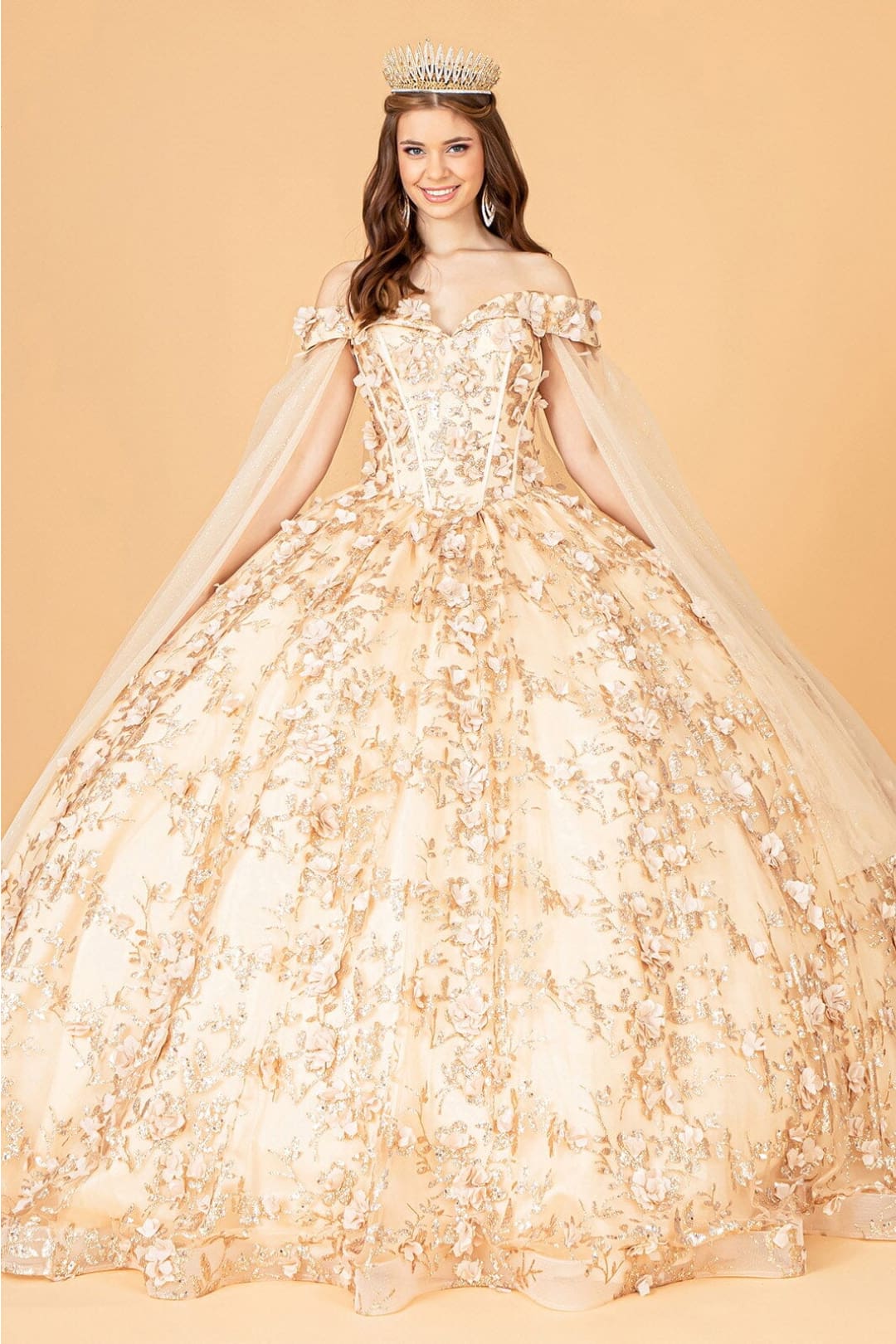 3D Floral Cape Sleeve Ball Gown by Elizabeth K GL1970 - Quinceanera Dresses