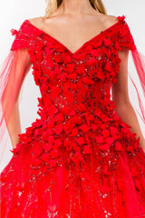 3D Floral Cape Sleeve Ball Gown by Elizabeth K GL1974 - Quinceanera Dresses