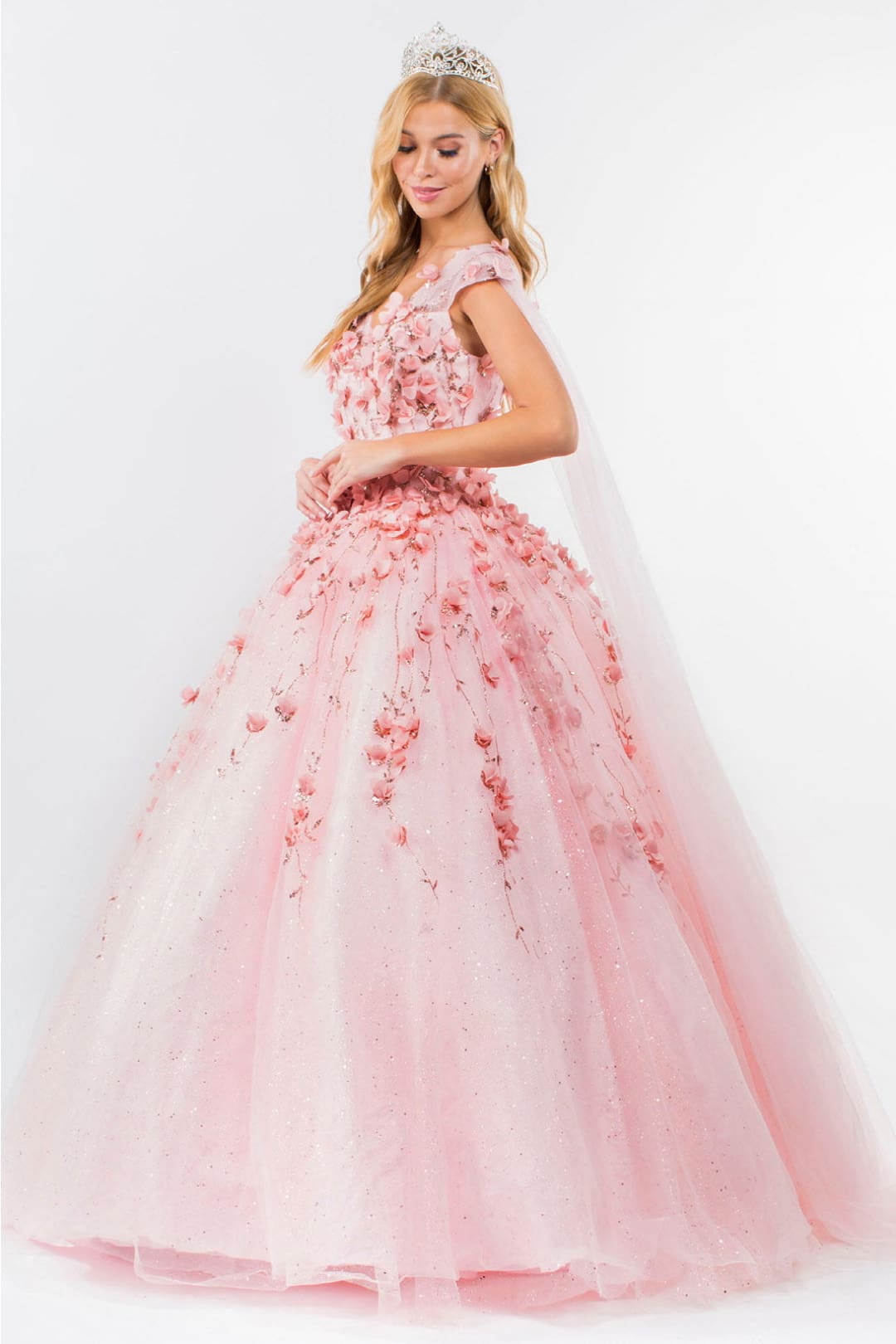 3D Floral Cape Sleeve Ball Gown by Elizabeth K GL1974 - Quinceanera Dresses