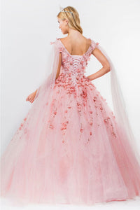 3D Floral Cape Sleeve Ball Gown by Elizabeth K GL1974 - Quinceanera Dresses