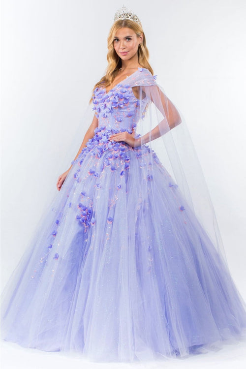 3D Floral Cape Sleeve Ball Gown by Elizabeth K GL1974 - Quinceanera Dresses