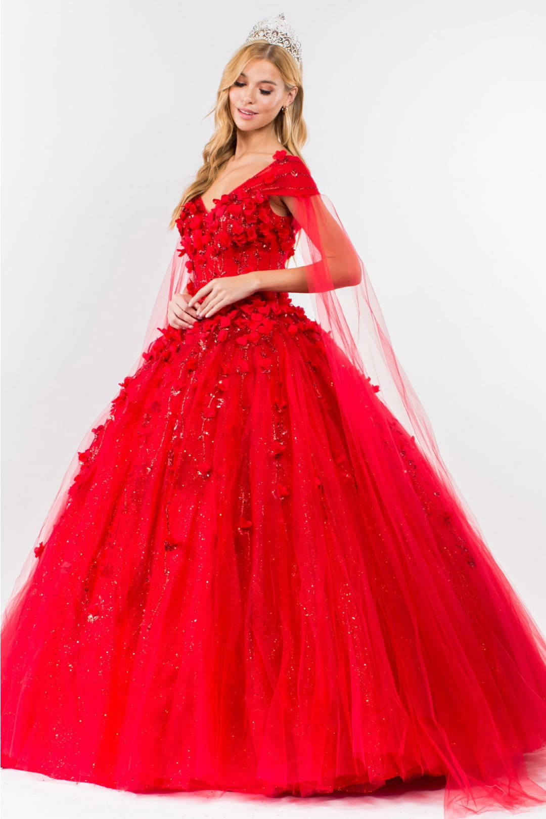 3D Floral Cape Sleeve Ball Gown by Elizabeth K GL1974 - Quinceanera Dresses