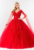 3D Floral Cape Sleeve Ball Gown by Elizabeth K GL1974 - XS / Red - Quinceanera Dresses