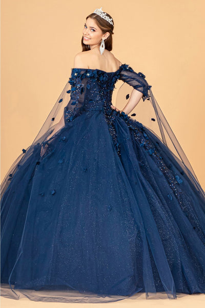 3D Floral Cape Sleeve Ball Gown by Elizabeth K GL3075 - Quinceanera Dresses