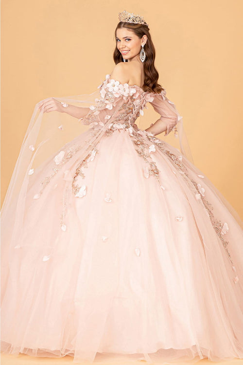 3D Floral Cape Sleeve Ball Gown by Elizabeth K GL3075 - Quinceanera Dresses