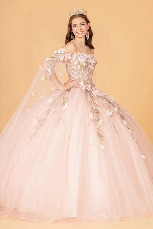3D Floral Cape Sleeve Ball Gown by Elizabeth K GL3075 - Quinceanera Dresses