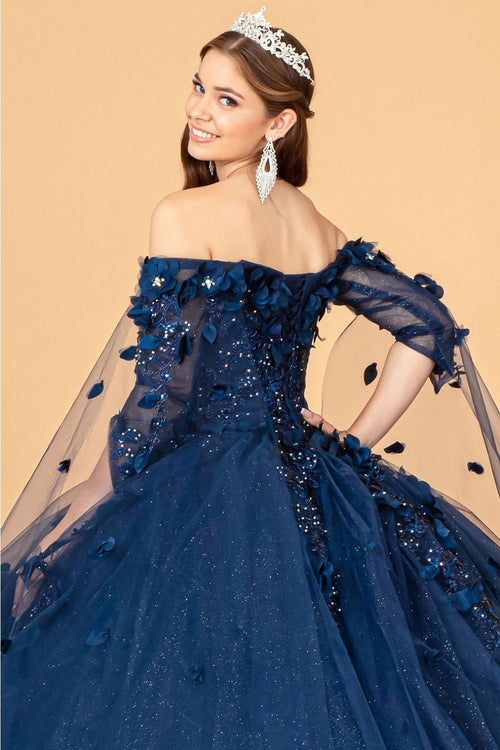 3D Floral Cape Sleeve Ball Gown by Elizabeth K GL3075 - Quinceanera Dresses