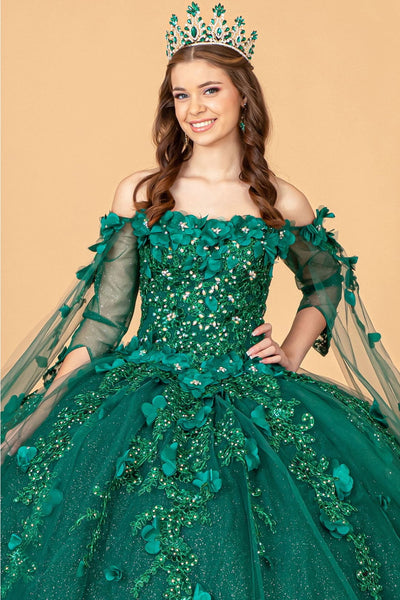 3D Floral Cape Sleeve Ball Gown by Elizabeth K GL3075 - Quinceanera Dresses