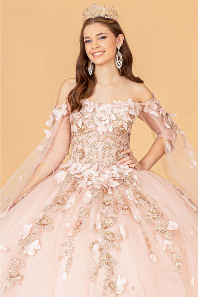 3D Floral Cape Sleeve Ball Gown by Elizabeth K GL3075 - Quinceanera Dresses