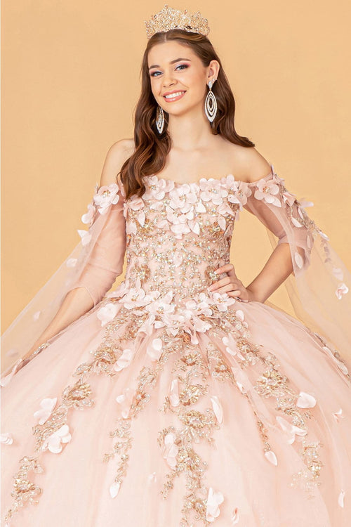 3D Floral Cape Sleeve Ball Gown by Elizabeth K GL3075 - Quinceanera Dresses