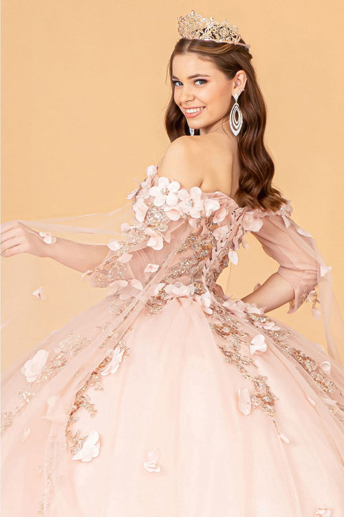 3D Floral Cape Sleeve Ball Gown by Elizabeth K GL3075 - Quinceanera Dresses