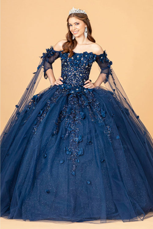 3D Floral Cape Sleeve Ball Gown by Elizabeth K GL3075 - XS / Navy - Quinceanera Dresses
