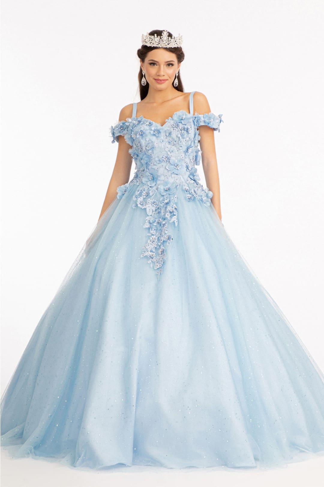 3D Floral Cold Shoulder Ball Gown by Elizabeth K GL1988 - XS / Baby Blue - Quinceanera Dresses