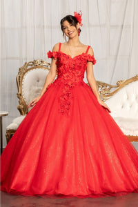 3D Floral Cold Shoulder Ball Gown by Elizabeth K GL1988 - XS / Red - Quinceanera Dresses