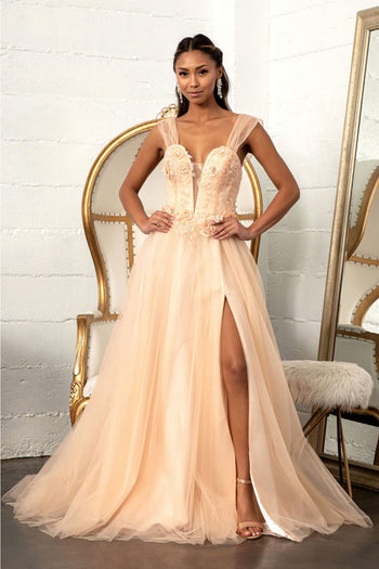 3D Floral Corset Gown by Elizabeth K GL3007 - XS / Champagne - Long Formal Dresses