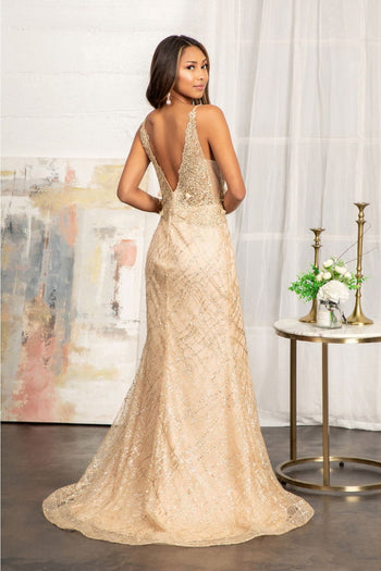 3D Floral Fitted Glitter Gown by Elizabeth K GL3042 - Long Formal Dresses