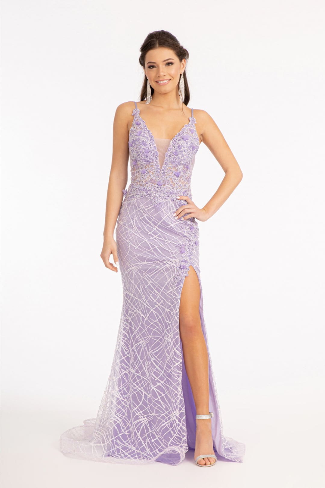 3D Floral Fitted Glitter Gown by Elizabeth K GL3042 - XS / Lilac - Long Formal Dresses