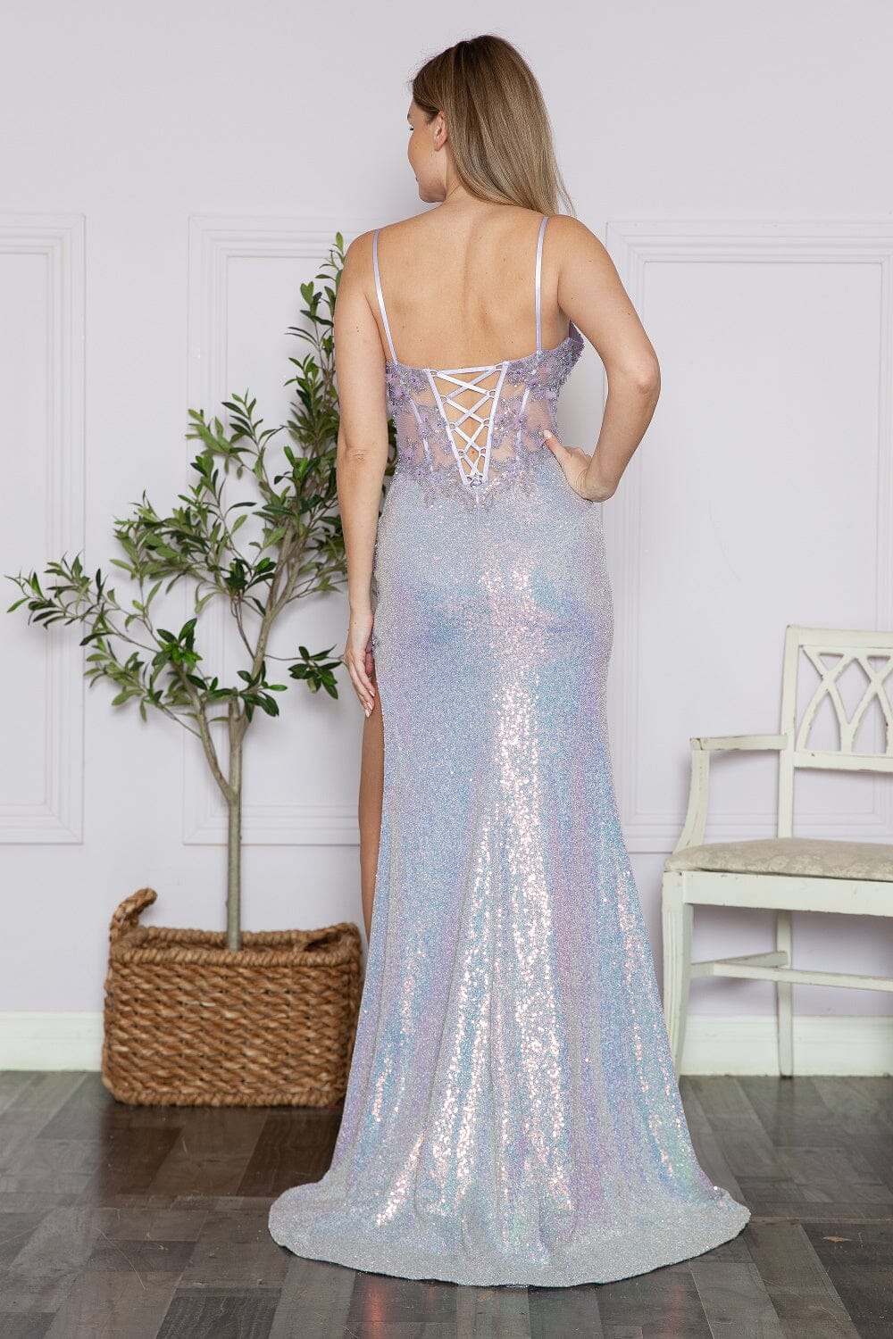 Poly USA 9340 3D Floral Fitted Iridescent Sequin Slit Gown