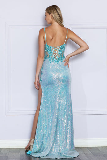 Poly USA 9340 3D Floral Fitted Iridescent Sequin Slit Gown