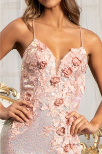 3D Floral Fitted Sequin Gown by Elizabeth K GL3025 - Long Formal Dresses