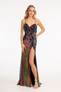 3D Floral Fitted Sequin Gown by Elizabeth K GL3025 - XS / Navy - Long Formal Dresses