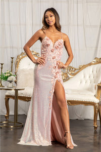 3D Floral Fitted Sequin Gown by Elizabeth K GL3025 - XS / Rose Gold - Long Formal Dresses