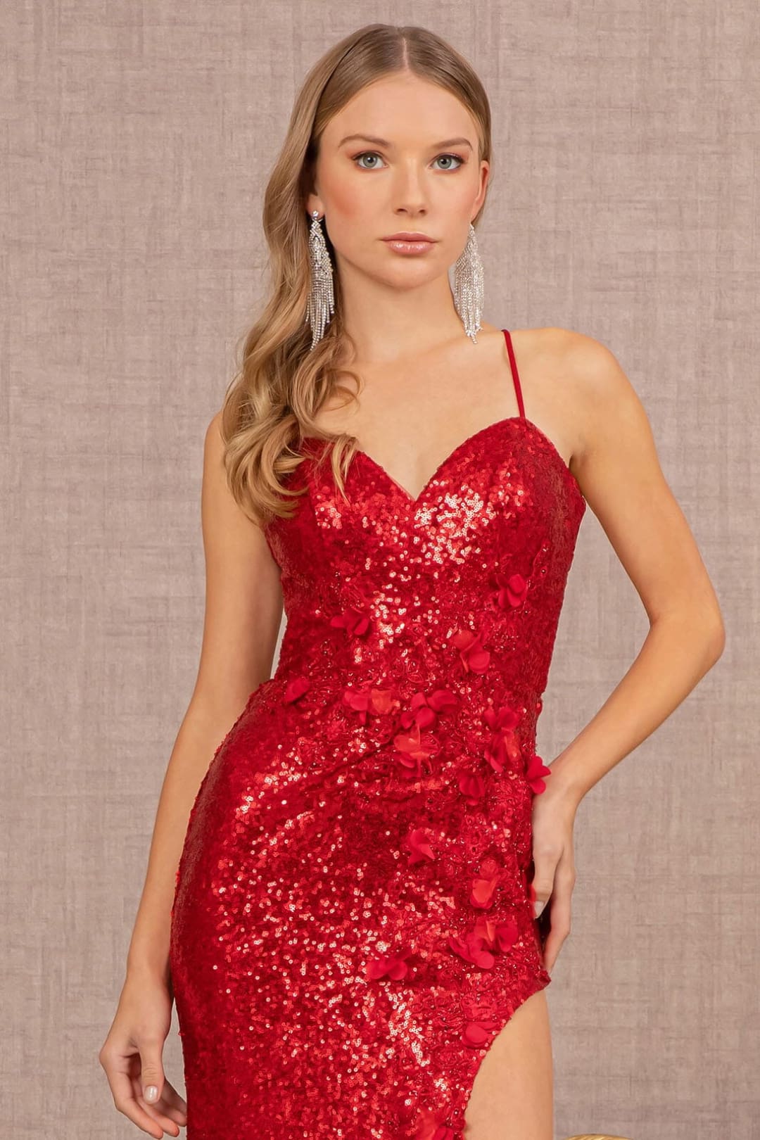 3D Floral Fitted Sequin Slit Gown by Elizabeth K GL3146 - Long Formal Dresses