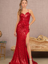 3D Floral Fitted Sequin Slit Gown by Elizabeth K GL3146