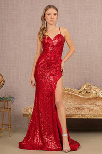 3D Floral Fitted Sequin Slit Gown by Elizabeth K GL3146 - XS / Burgundy - Long Formal Dresses