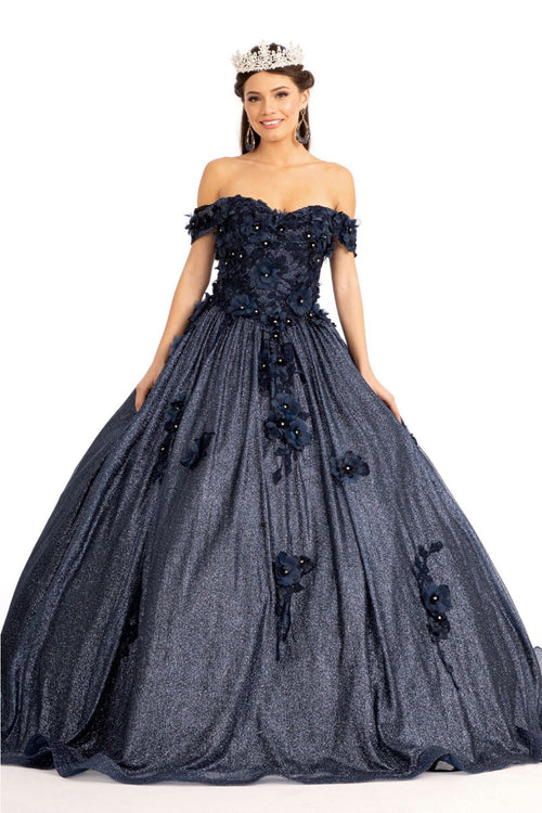 3D Floral Glitter Ball Gown by Elizabeth K GL1971 - XS / Navy - Quinceanera Dresses