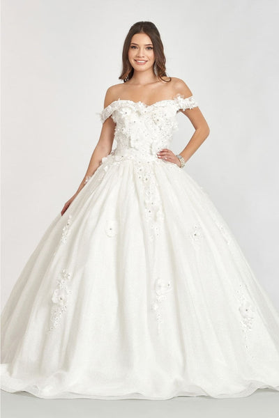 3D Floral Glitter Ball Gown by Elizabeth K GL1971 - XS / Off White - Quinceanera Dresses