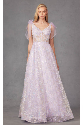 3D Floral Glitter Sleeveless A-line Gown by Juliet JT2439K