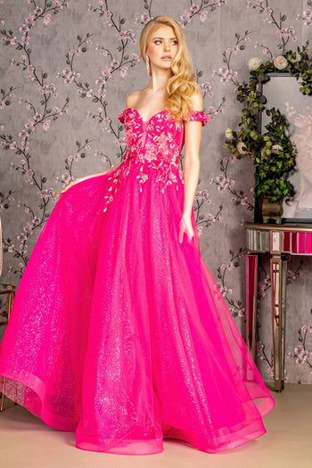 3D Floral Off Shoulder A-line Gown by GLS Gloria GL3443 - XS / Fuchsia - Long Formal Dresses