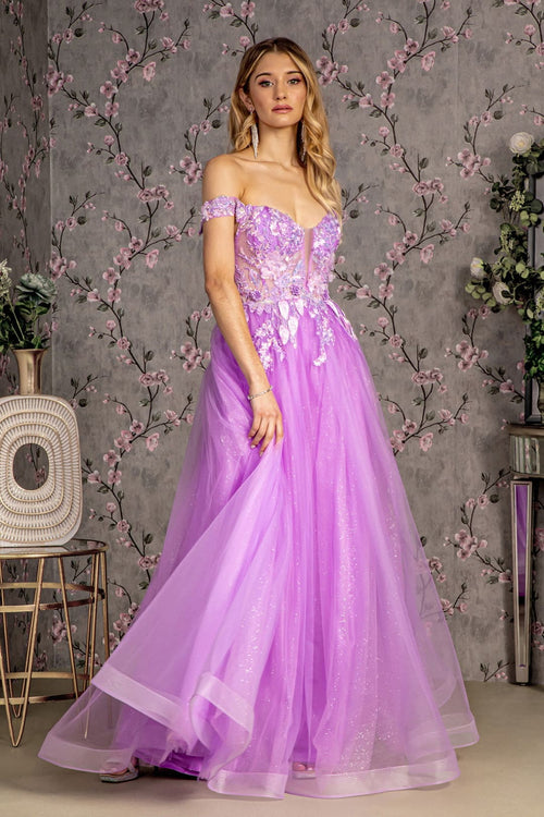 3D Floral Off Shoulder A-line Gown by GLS Gloria GL3443 - XS / Lilac - Long Formal Dresses