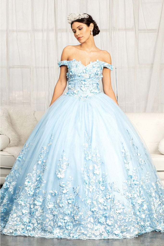 3D Floral Off Shoulder Ball Gown by Elizabeth K GL1960 - M / Baby Blue - Quinceanera Dresses