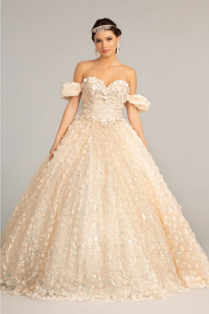 3D Floral Off Shoulder Ball Gown by Elizabeth K GL3019 - XS / Champagne - Quinceanera Dresses