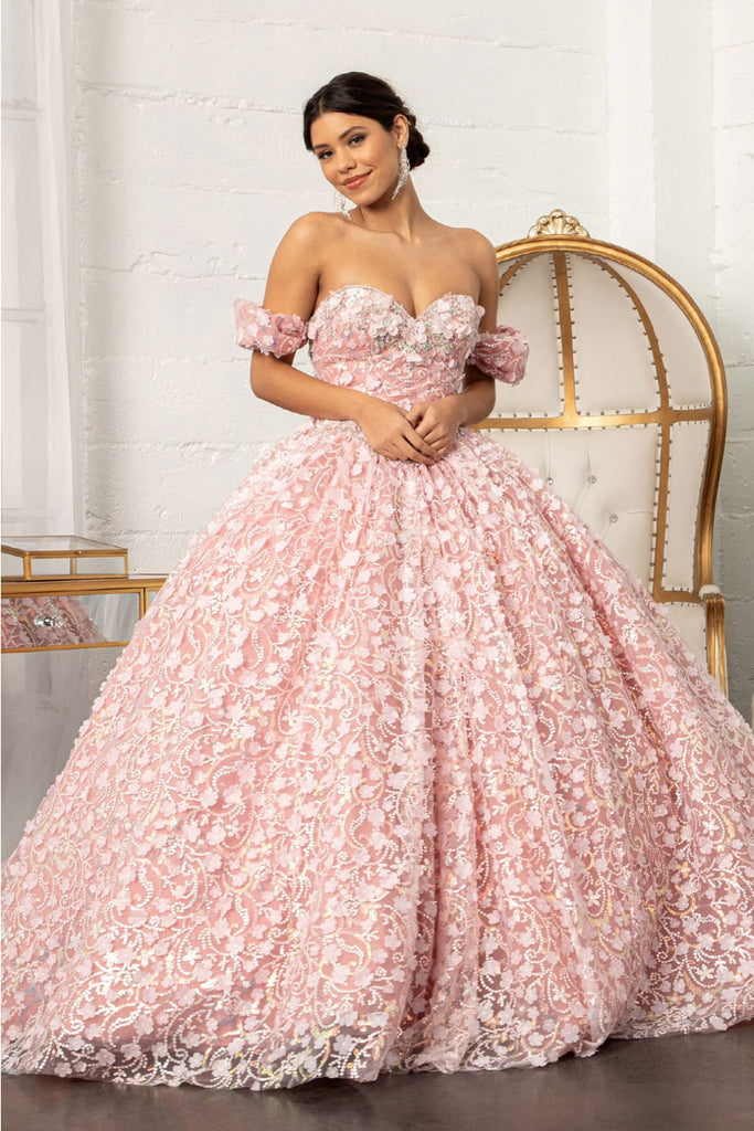 3D Floral Off Shoulder Ball Gown by Elizabeth K GL3019 - XS / Dusty Rose - Quinceanera Dresses