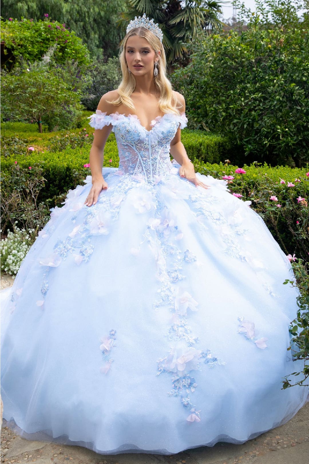 3D Floral Off Shoulder Ball Gown by GLS Gloria GL3555 Light Blue / XL
