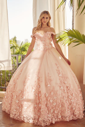 Juliet 1434 3D Floral Applique Off Shoulder Lace-Up Corset Quinceanera Dress