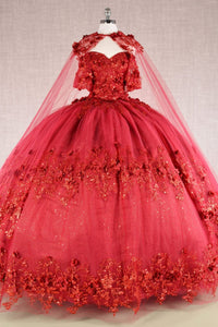 3D Floral Off Shoulder Cape Ball Gown by Elizabeth K GL3179 - Quinceanera Dresses