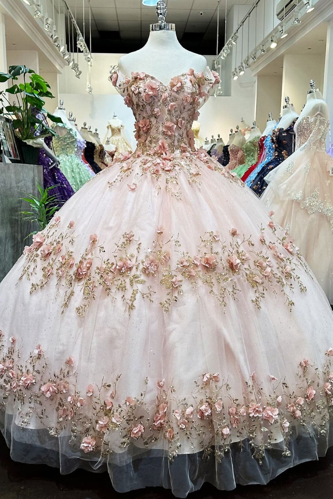 3D Floral Off Shoulder Cape Ball Gown by Elizabeth K GL3179 - Quinceanera Dresses