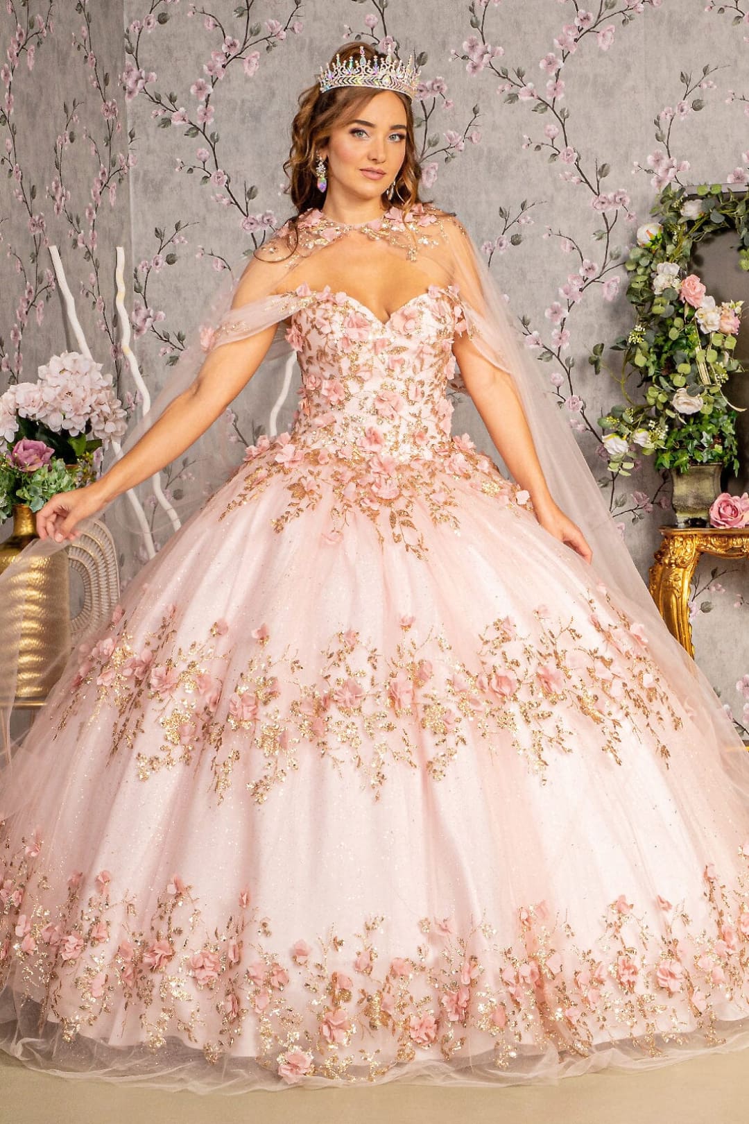 3D Floral Off Shoulder Cape Ball Gown by Elizabeth K GL3179 - XS / Blush - Quinceanera Dresses