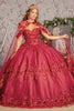 3D Floral Off Shoulder Cape Ball Gown by Elizabeth K GL3179 - XS / Burgundy - Quinceanera Dresses