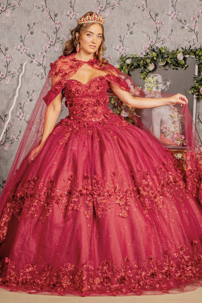 3D Floral Off Shoulder Cape Ball Gown by Elizabeth K GL3179 - XS / Burgundy - Quinceanera Dresses