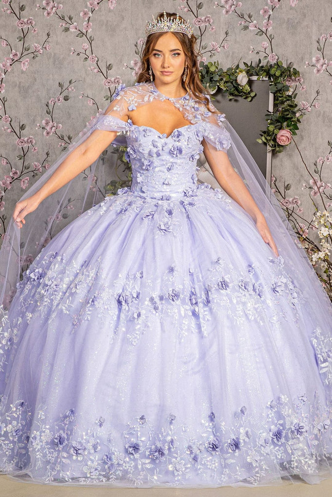 3D Floral Off Shoulder Cape Ball Gown by Elizabeth K GL3179 - XS / Lilac - Quinceanera Dresses