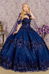 3D Floral Off Shoulder Cape Ball Gown by Elizabeth K GL3179 - XS / Navy - Quinceanera Dresses