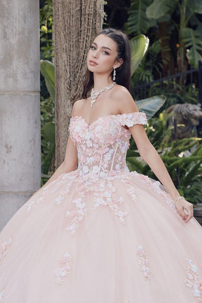 Juliet 1460J 3D Floral Appliqué Off-Shoulder Glitter Tulle Corset Quinceanera Dress